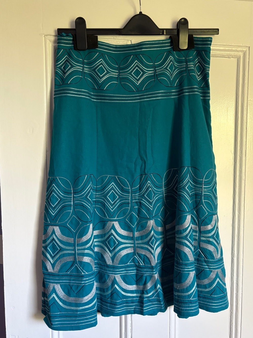 Monsoon Teal A-Line Skirt with Geometric Embroidery Size 10 Excellent condition